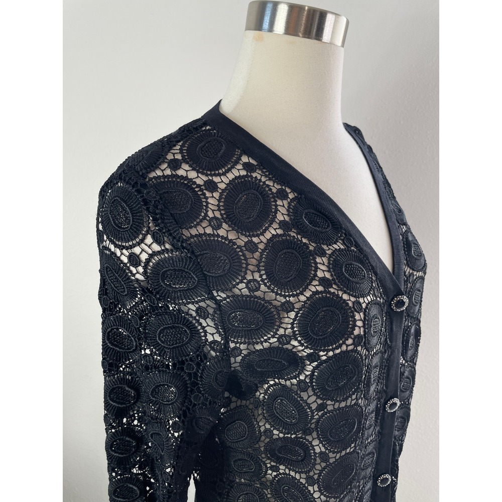 Exclusively Misook Petite Small Black Crochet Cardigan Rhinestone Button Jacket - Picture 6 of 9